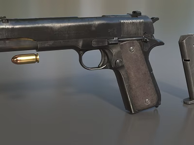 Black Classic Pistol with Wooden Grip Metal Frame Bullet and Magazine 3d model