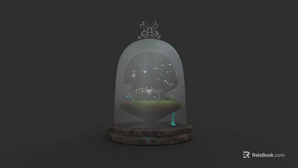 Enclosed Magical Cloche Featuring Miniature Character Floating Creatures And Glowing Lights 3d model 