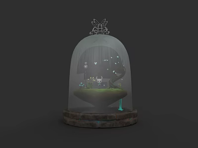 Enclosed Magical Cloche Featuring Miniature Character Floating Creatures And Glowing Lights 3d model