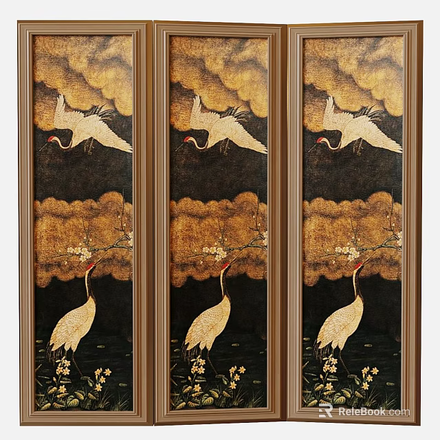 Oriental Decorative Screen With White Cranes And Gold Cloud Patterns On Black Background 3d model