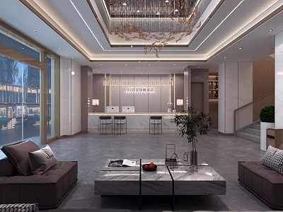 Modern Luxury Hotel Lobby With Marble Furnishings Cozy Lounge Space And Elegant Reception Counter 3d model