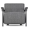 Modern Grey Fabric Armchair With Black Metal Armrests And Sleek Contemporary Design