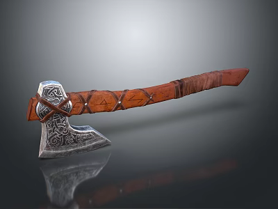 Decorative Axe With Intricate Metal Head And Wooden Handle Featuring Carved Texture 3d model