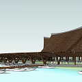 Waterfront Landscape With Wooden Structure Triangular Roof People Walking Reflection On Water And Surrounding Plants