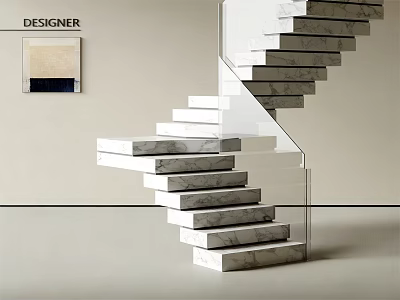 Modern Marble Staircase With Glass Railing And Wall Art Design 3d model