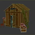 Small Wooden House with Open Door Leaning Ladder Storage Chest And Side Chair