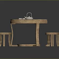 Rustic Wooden Round Table Set With Matching Stools Teapot And Cups On Top