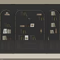 Elegant Dark Bookshelf Unit With Arched Design Holding Books Photo Frames And Decorations
