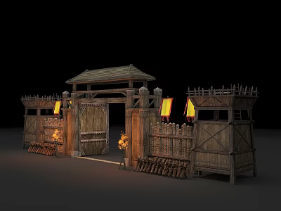 Ancient Wooden Gate Structure With Watchtowers Lit Torches And Palisade Fence 3d model
