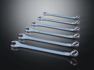 Silver Hardware Tools Wrenches in Various Sizes Neatly Arranged on Black Background with Reflective Finish 3d model