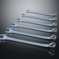 Silver Hardware Tools Wrenches in Various Sizes Neatly Arranged on Black Background with Reflective Finish