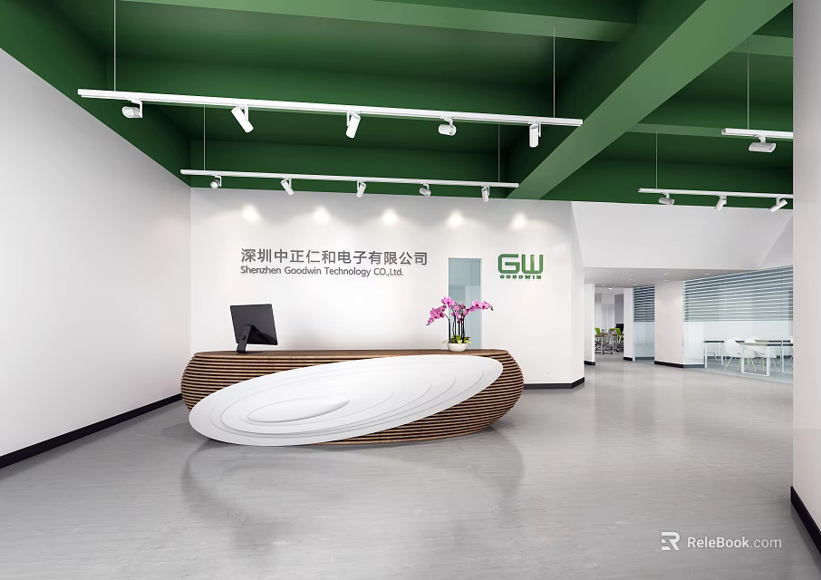 Modern Office Front Desk Reception Area With Green Ceiling White Walls And Company Logo 3d model 