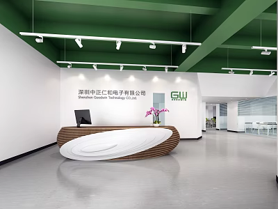 Modern Office Front Desk Reception Area With Green Ceiling White Walls And Company Logo 3d model
