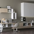 Modern Minimalist Home Office Desk With Wooden Shelves Ergonomic Chair And Books