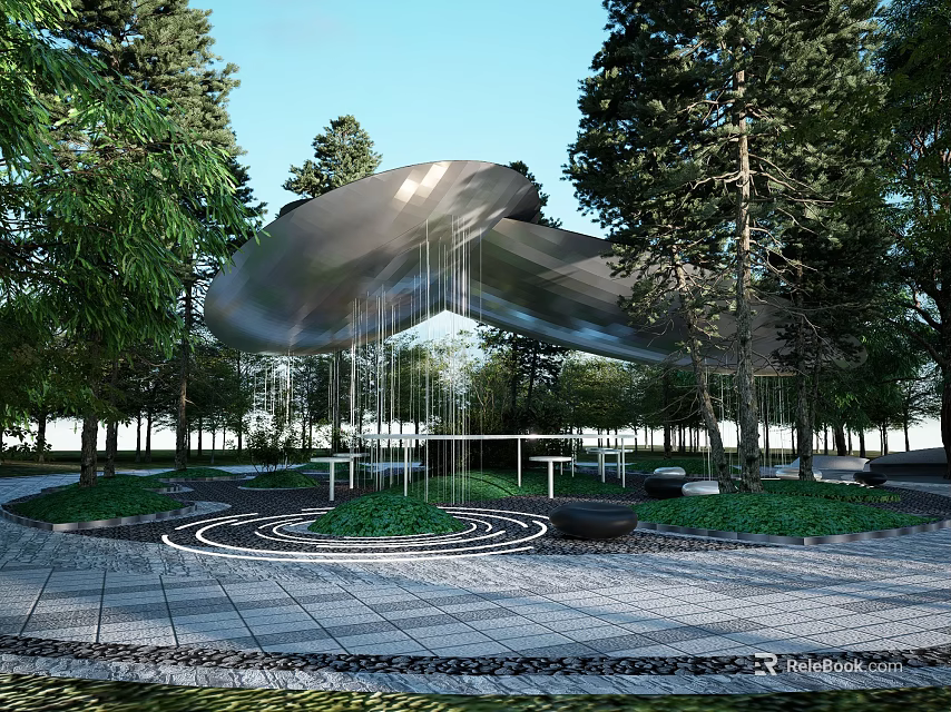 Modern Pergola Design with Unique Metal Structure Surrounded by Trees and Greenery 3d model