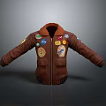 Brown Leather Jacket With Fur Collar And Multiple Embroidered Patches 3d model