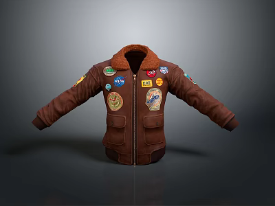 Brown Leather Jacket With Fur Collar And Multiple Embroidered Patches 3d model