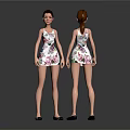 Two Female Characters In Floral Dresses Showing Front And Back Standing Poses 3d model