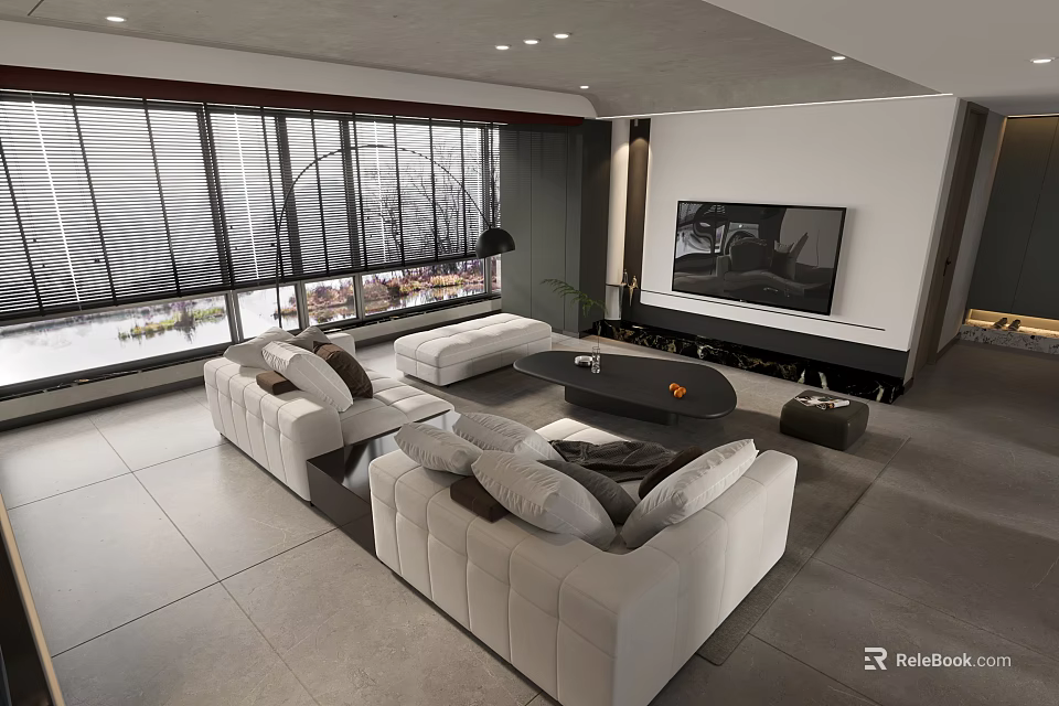 Modern Living Room Interior With White Sofas Black Coffee Table Large Windows And TV Wall 3d model 