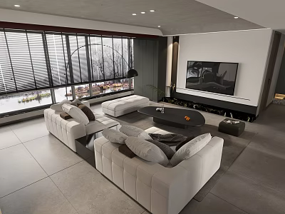 Modern Living Room Interior With White Sofas Black Coffee Table Large Windows And TV Wall 3d model