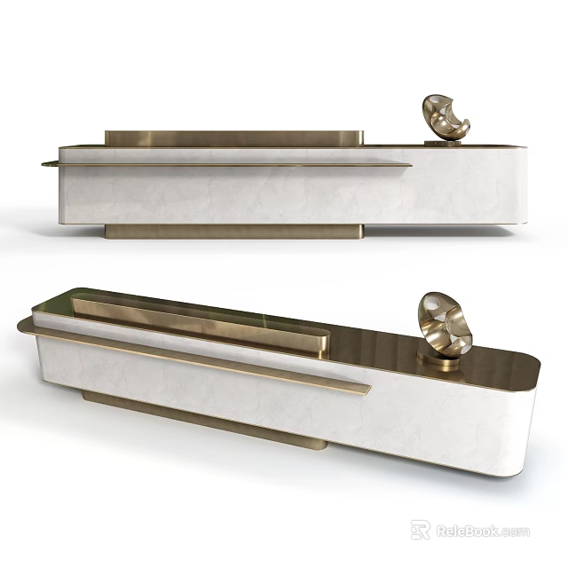 Modern Luxury Reception Desk Design With Marble Surface And Gold Metal Trim With Sculpture Decoration 3d model 