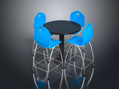 Black Round Dining Table With Four Blue Chairs And Metal Frames 3d model