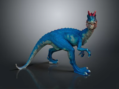 Realistic Blue Dinosaur 3D Model Featuring Red Crest Standing Pose And Textured Skin 3d model