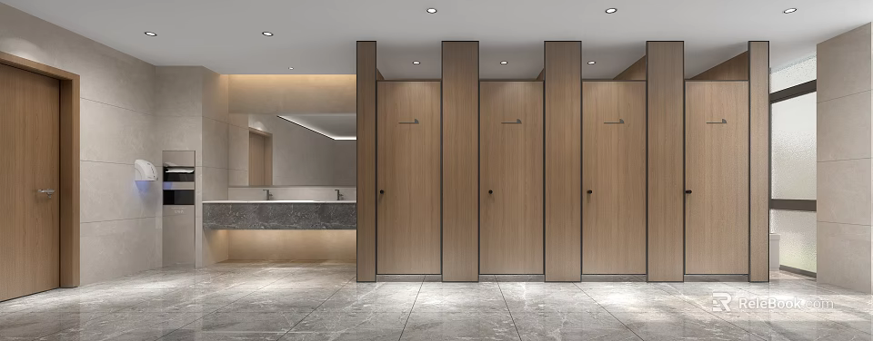 Modern Public Restroom with Stalls Washbasin Counter Wooden Doors Marble Floor and Mirror 3d model 