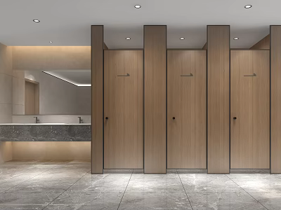 Modern Public Restroom with Stalls Washbasin Counter Wooden Doors Marble Floor and Mirror 3d model
