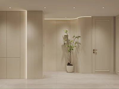 Elegant Modern Foyer Interior With Light Colored Cabinets And Potted Plant 3d model