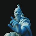 Detailed Monk Sculpture With Sword Kneeling Robed Figure Hand Gesture Circular Base