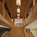 Elegant Clubhouse Interior With Pink Cherry Blossom Decor White Hanging Lanterns Wooden Structure And Tables