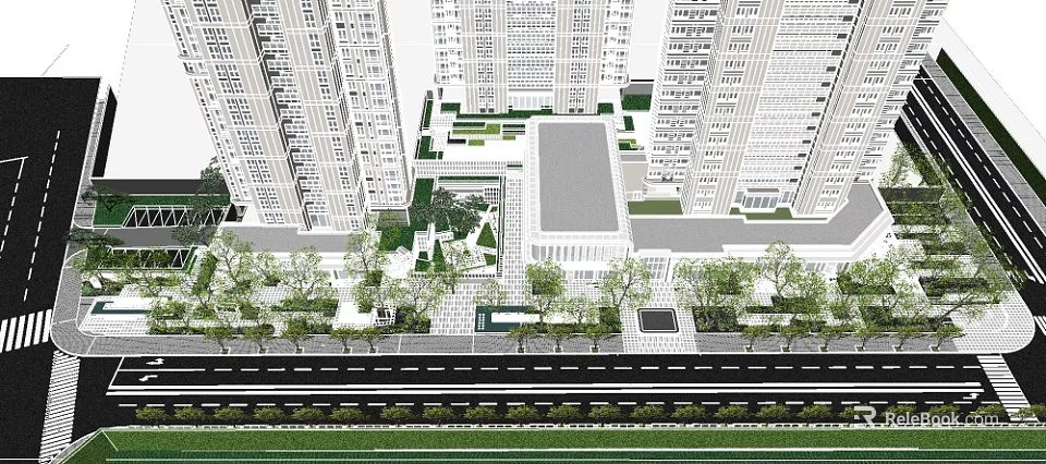 Commercial Street Surrounded by High Rise Buildings with Green Landscaping and Trees 3d model 