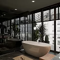 Modern Bathroom With Round Mirrors Double Vanity Stools And Plants