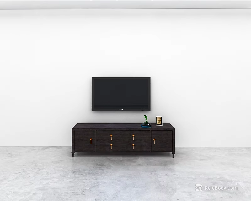 Modern Dark Wood TV Stand With Flat Screen TV Vase And Photo Frame 3d model 