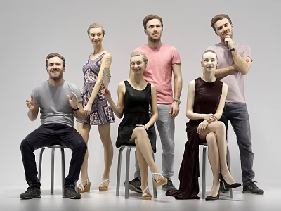 Diverse group of people sitting and standing in studio with gray backdrop 3d model