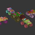 Red Toy Monster Trucks With Large Wheels On Reflective Surface 3d model