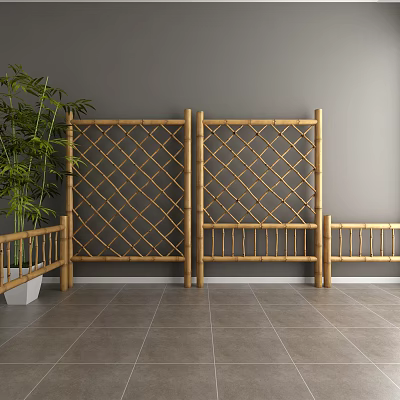 Bamboo Fence with Diamond Lattice Design and Green Plants Against Gray Wall and Floor Tiles 3d model