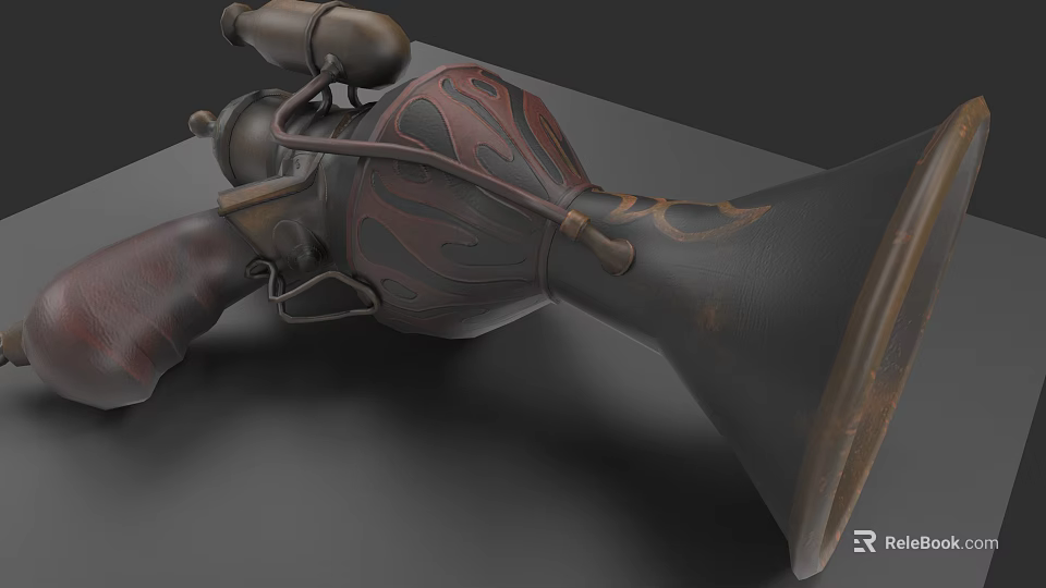 Vintage Steampunk Weapon with Carved Patterns Flared Muzzle Brass Components and Wooden Grip 3d model 