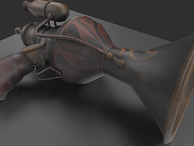 Vintage Steampunk Weapon with Carved Patterns Flared Muzzle Brass Components and Wooden Grip 3d model