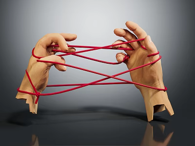 Disconnected Human Hands Entangled With Red Rope On Isolated Gray Background 3d model