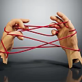 Disconnected Human Hands Entangled With Red Rope On Isolated Gray Background