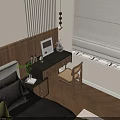 Modern Wooden Dressing Table With Chair Mirror Small Plant And Pendant Lamp Near Window