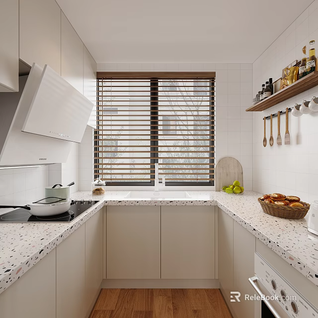 Modern Kitchen Interior Featuring White Cabinets Speckled Countertop Blinds Sink Bread Basket And Hanging Utensils 3d model 
