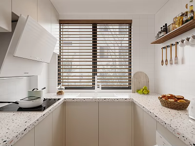 Modern Kitchen Interior Featuring White Cabinets Speckled Countertop Blinds Sink Bread Basket And Hanging Utensils 3d model