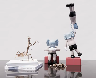 Stylish Decorative Figurine Collection with Cartoon Dolls Insect Models and Books on Display Stand 3d model
