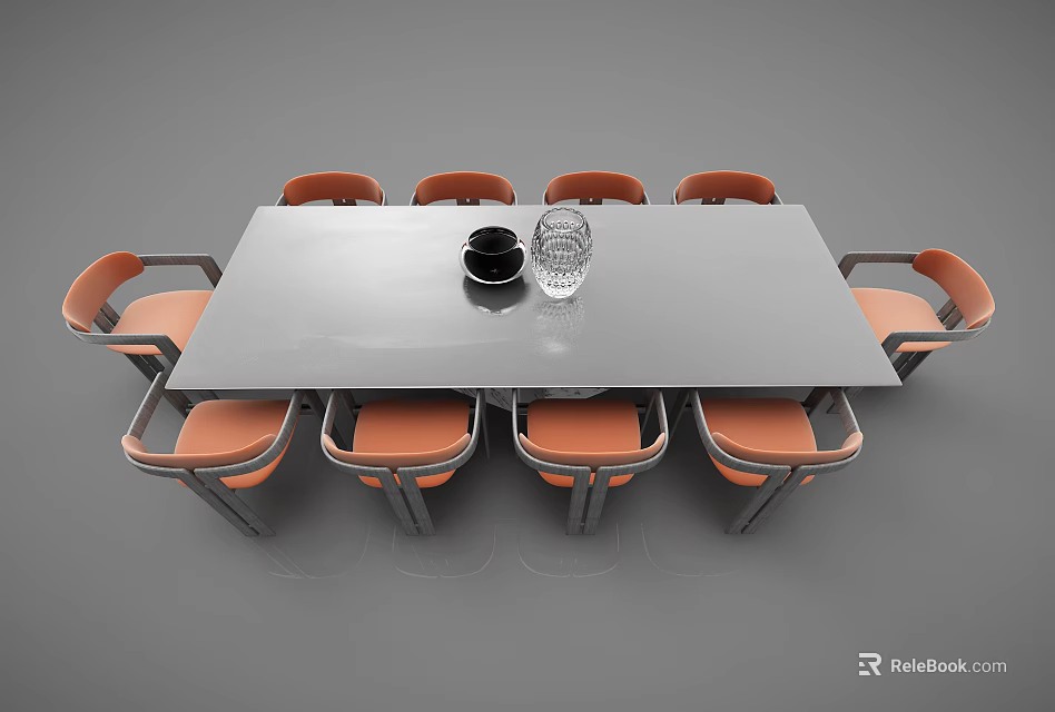 Modern Rectangular Dining Table Set With Eight Orange Chairs And Black Bowl Clear Glass 3d model 