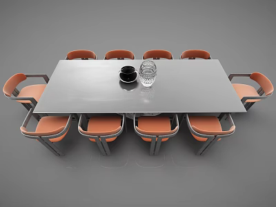 Modern Rectangular Dining Table Set With Eight Orange Chairs And Black Bowl Clear Glass 3d model
