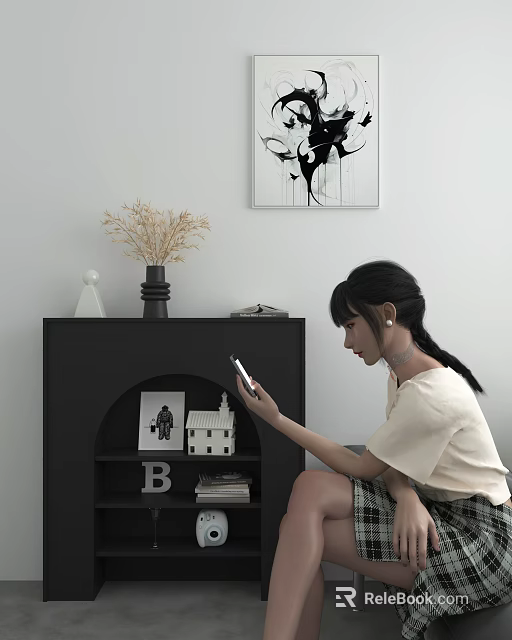 Black Fireplace with Dried Flowers Vase Miniature House Letter B Decor Books and Girl Using Phone 3d model 