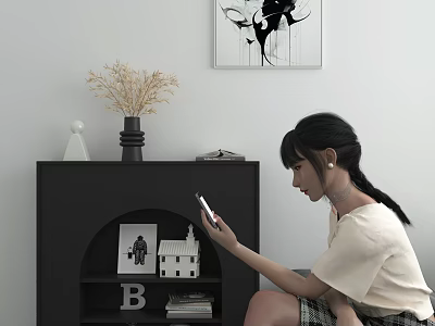 Black Fireplace with Dried Flowers Vase Miniature House Letter B Decor Books and Girl Using Phone 3d model
